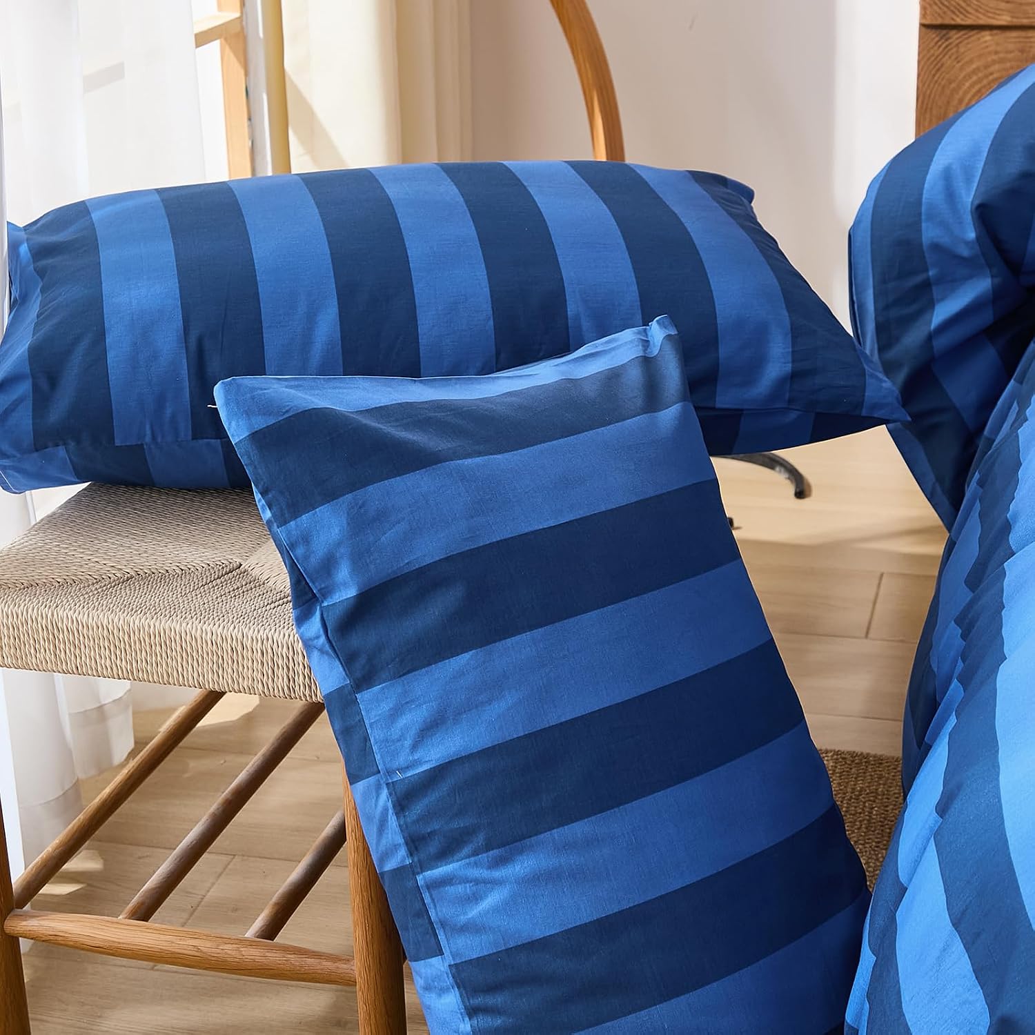 Merryword King Size Pillowcases, 100% Cotton Pillow Cases, Blue and Navy Striped Pillowcases, Soft Breathable Wide Stripes Pillow Covers, S…