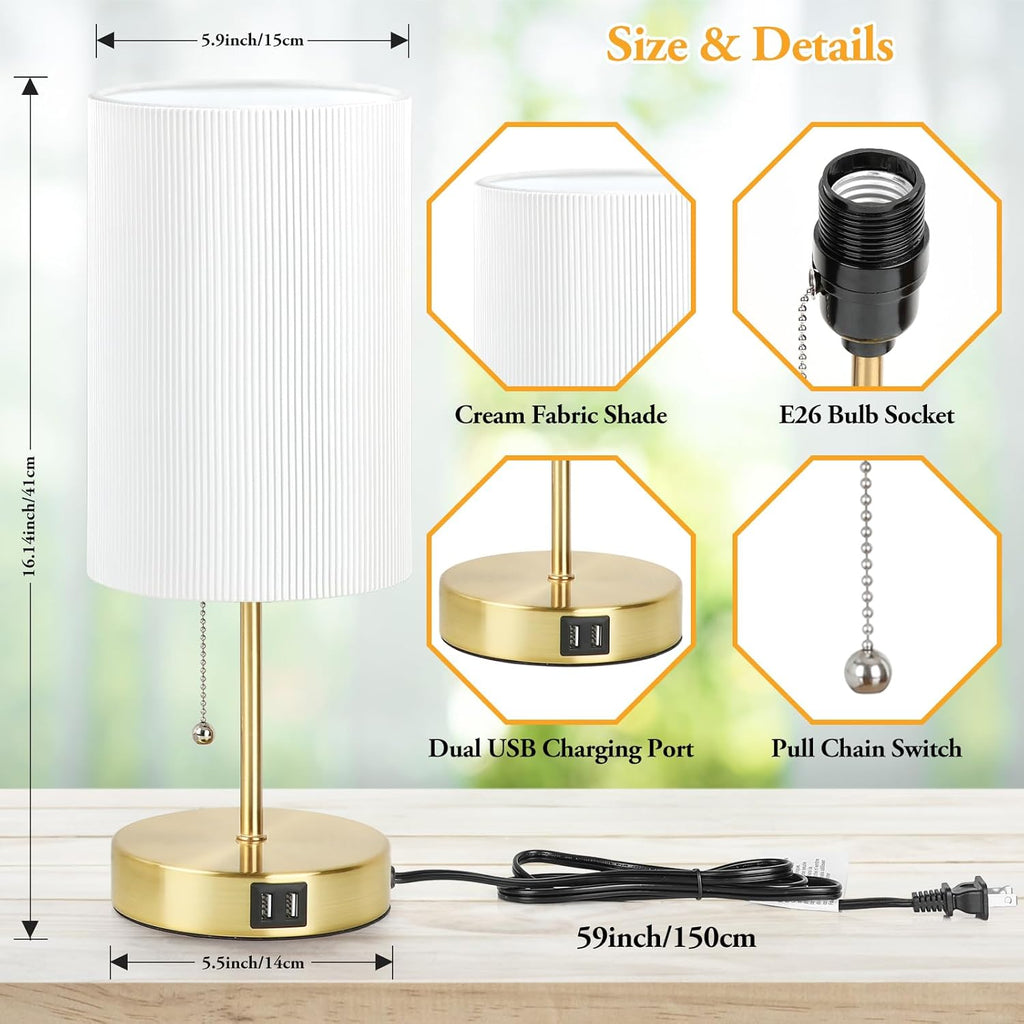 Lakumu 2 Sets Table Lamps with 2 USB, Minimalist Beside Lamps for Bedroom, Nightstand Lamp with Pull Chain, Desk Lamps with White Pleated…