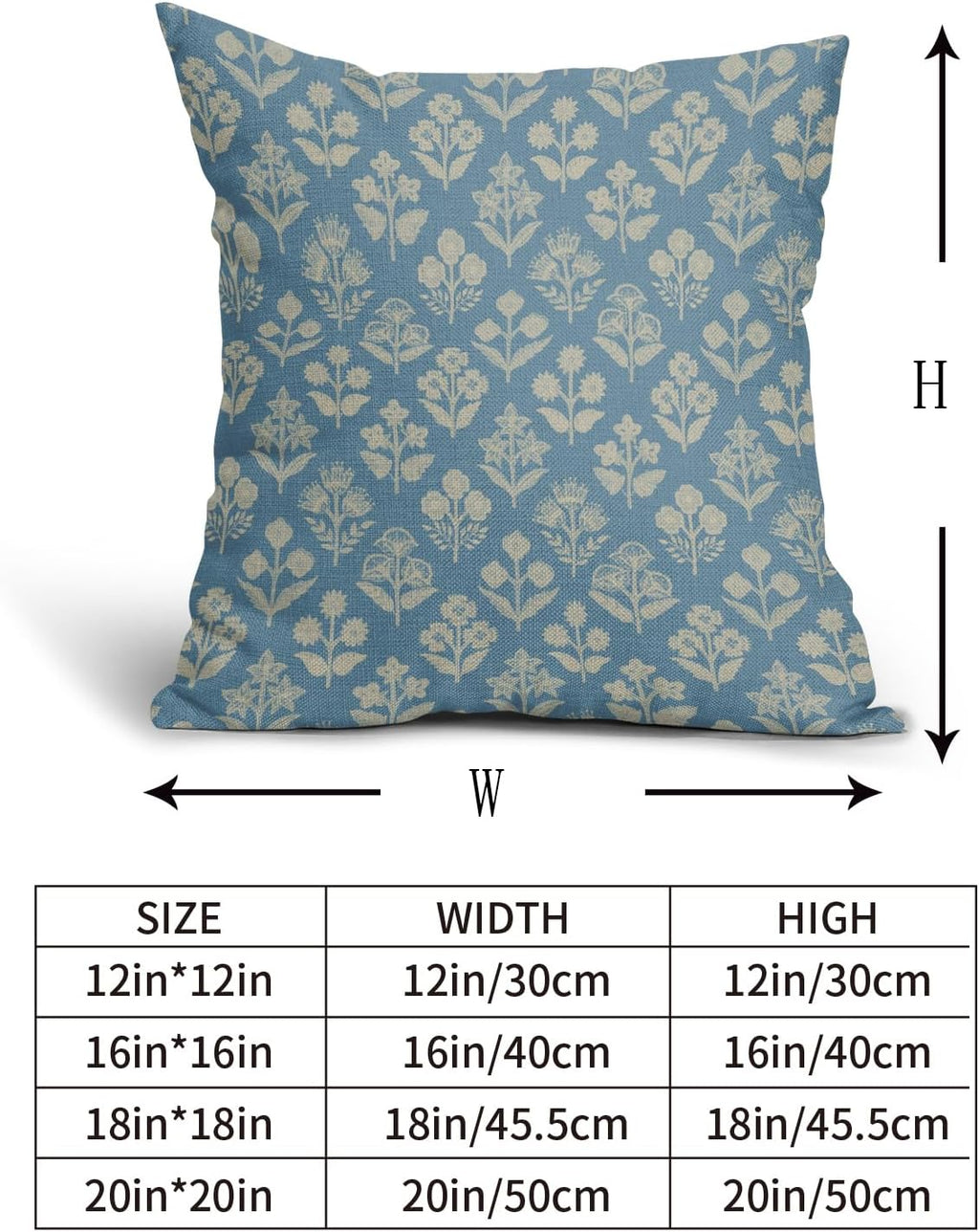 Light Blue Floral Block Print Pillow Covers 20x20 Inch Set of 2, Vintage Flower Pattern Decorative Throw Pillowcases Outdoor Farmhouse…