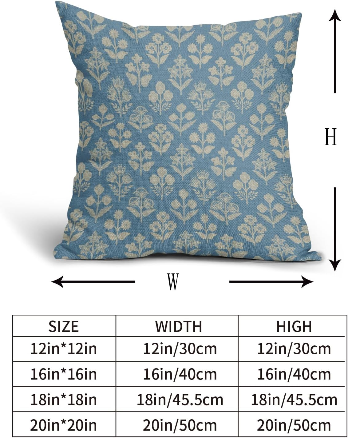 Light Blue Floral Block Print Pillow Covers 20x20 Inch Set of 2, Vintage Flower Pattern Decorative Throw Pillowcases Outdoor Farmhouse…