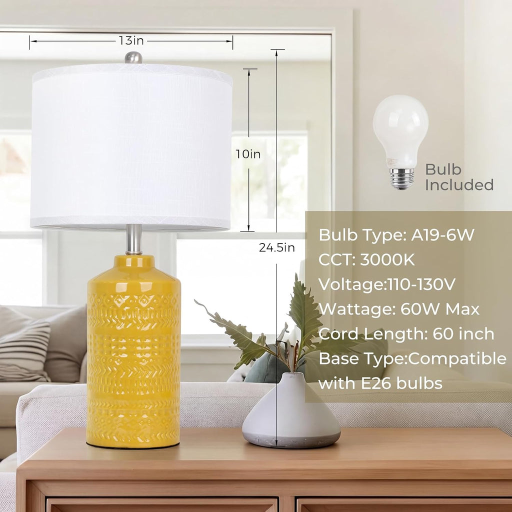 JUNNAI 25" Modern Bedside Ceramic Table Lamps for Living Room Mustard Yellow Nightstand 3-Way Dimmable Lamp Farmhouse Lamp for Bedroom…