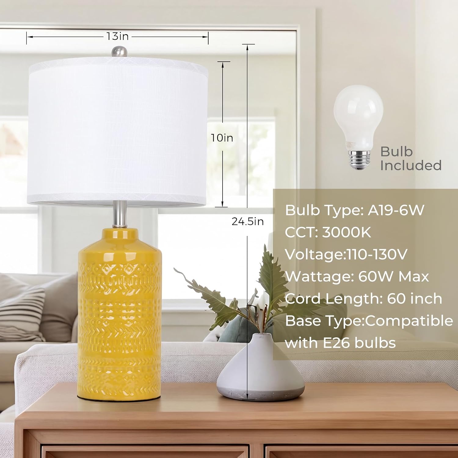 JUNNAI 25" Modern Bedside Ceramic Table Lamps for Living Room Mustard Yellow Nightstand 3-Way Dimmable Lamp Farmhouse Lamp for Bedroom…