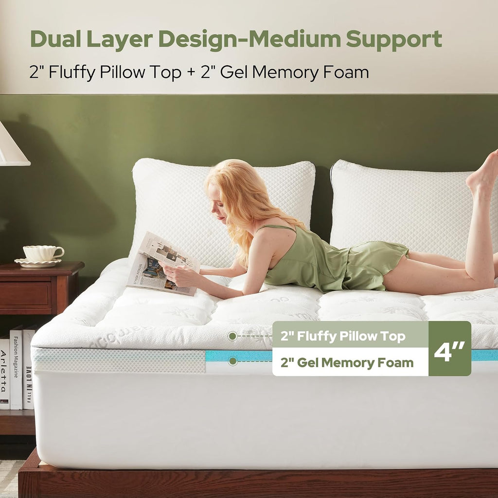 Bedlore 4 Inch Memory Foam Mattress Topper Full,2-in-1 Dual Layer Design (2" Gel Memory Foam + 2" Plush Pillow Top Cover) Mattress Topper M…