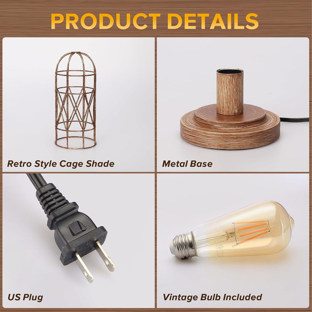 Touch Control Table Lamp for Small Spaces - 3 Way Dimmable Nightstand & Bedside Lamp for Bedroom & Living Room, Rustic Wood Cage Shade…