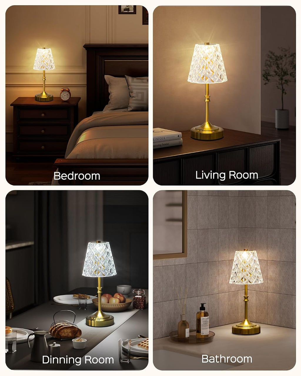 JACKYLED Cordless Lamp Rechargeable, Acrylic Crystal Lampshade, 3 Colors with Built-in Dimmer, 5400mAh Battery Operated, Wireless Lamp…