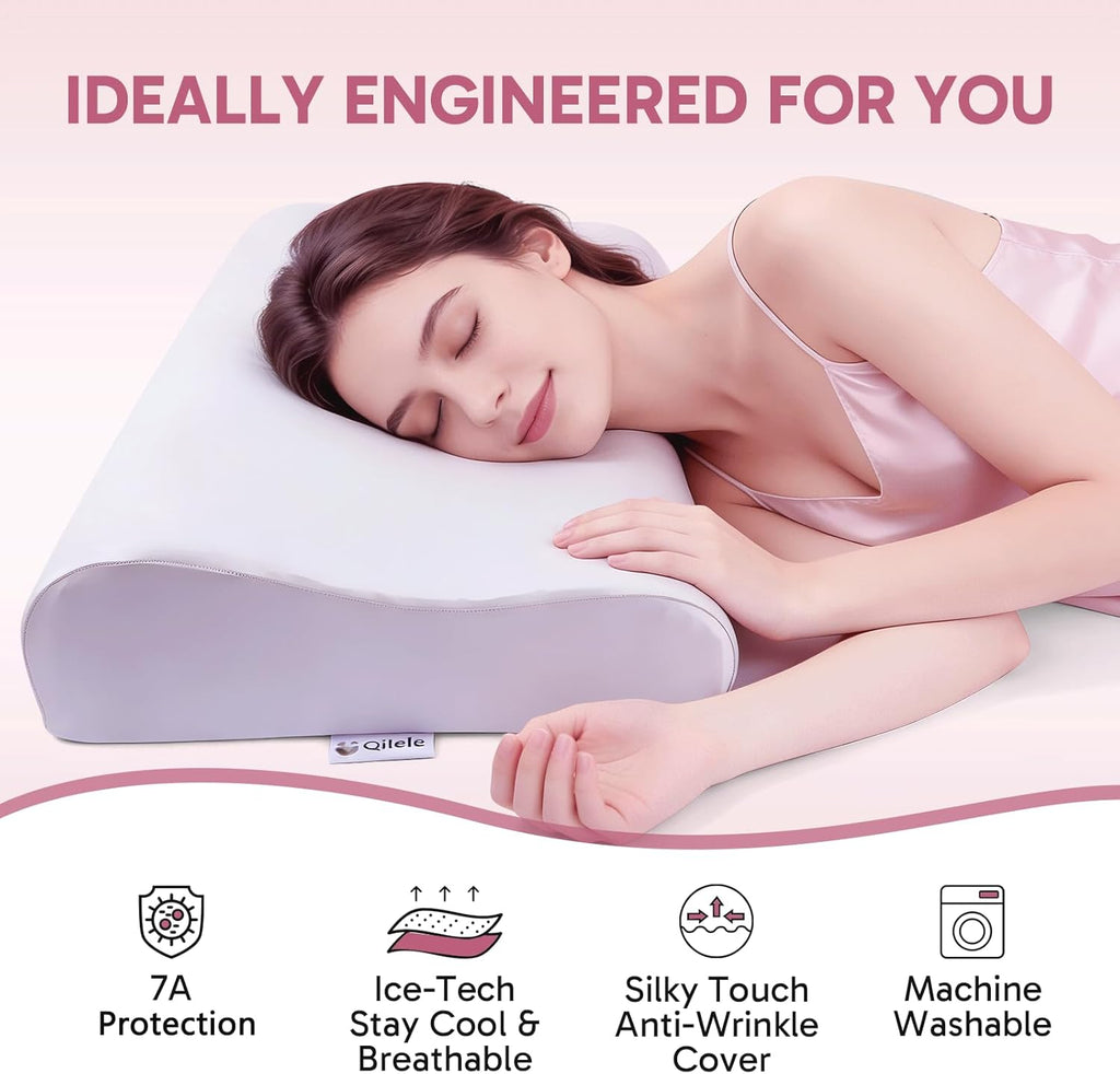 Ergonomic Memory Foam Pillow 2 heights: Mid-Low, Cervical Support Relieve Neck Back Pain, Breathable Cool Ice Silk Anti-Wrinkle Cover…