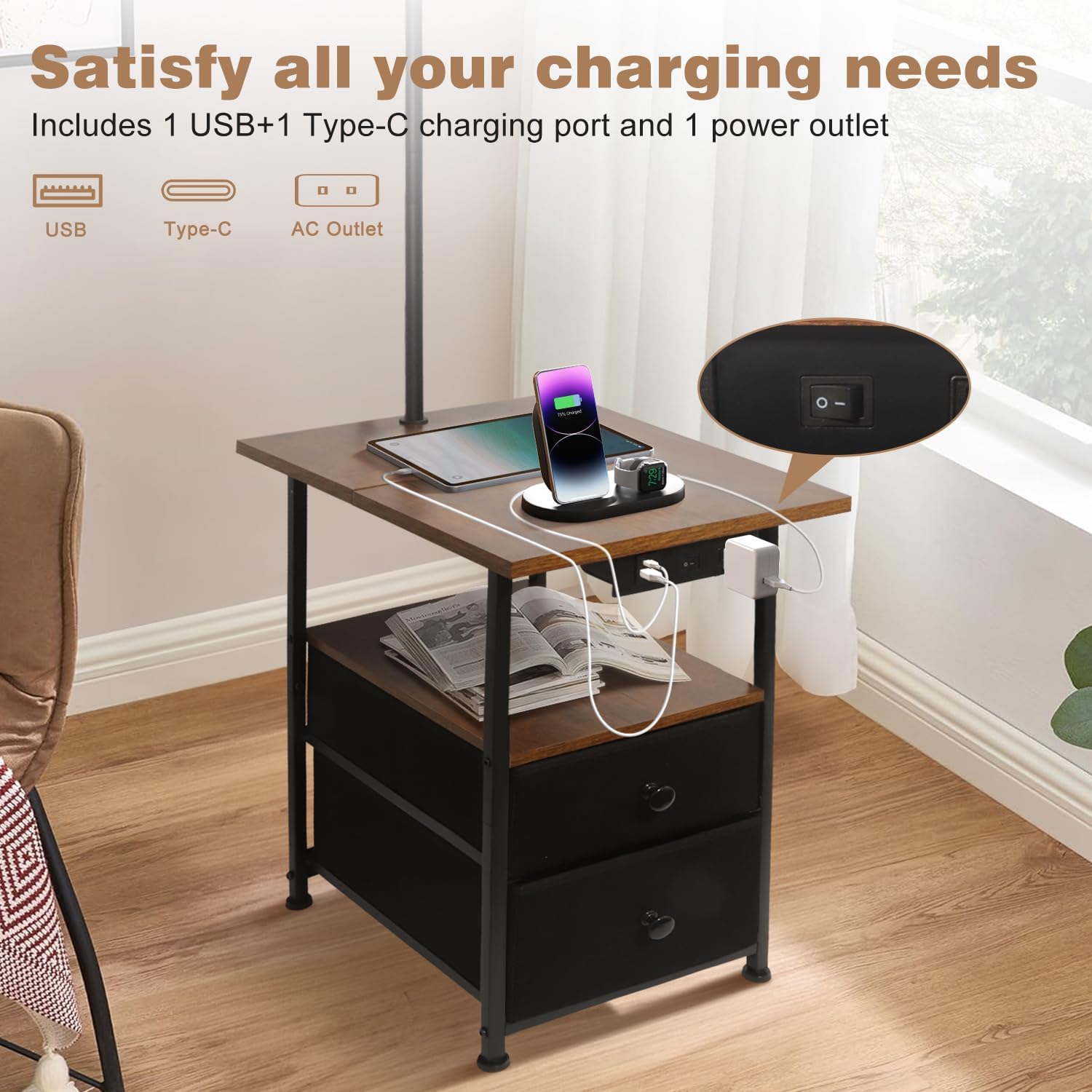 PESRAE Floor Lamp with Table & 2 Drawers, End Table with 3 Color Temperature Reading Light, Side Table Lamp with USB & Type C & AC…