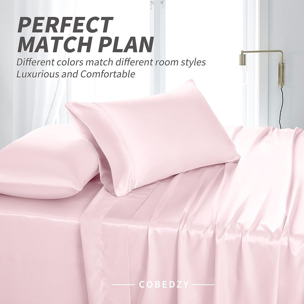 Cobedzy 4 Pcs Blush Pink Satin Sheets Full Size Silky Satin Bedding Sheets Set with 1 Deep Pocket Fitted Sheet, 1 Flat Sheet, 2 Pillowcase…