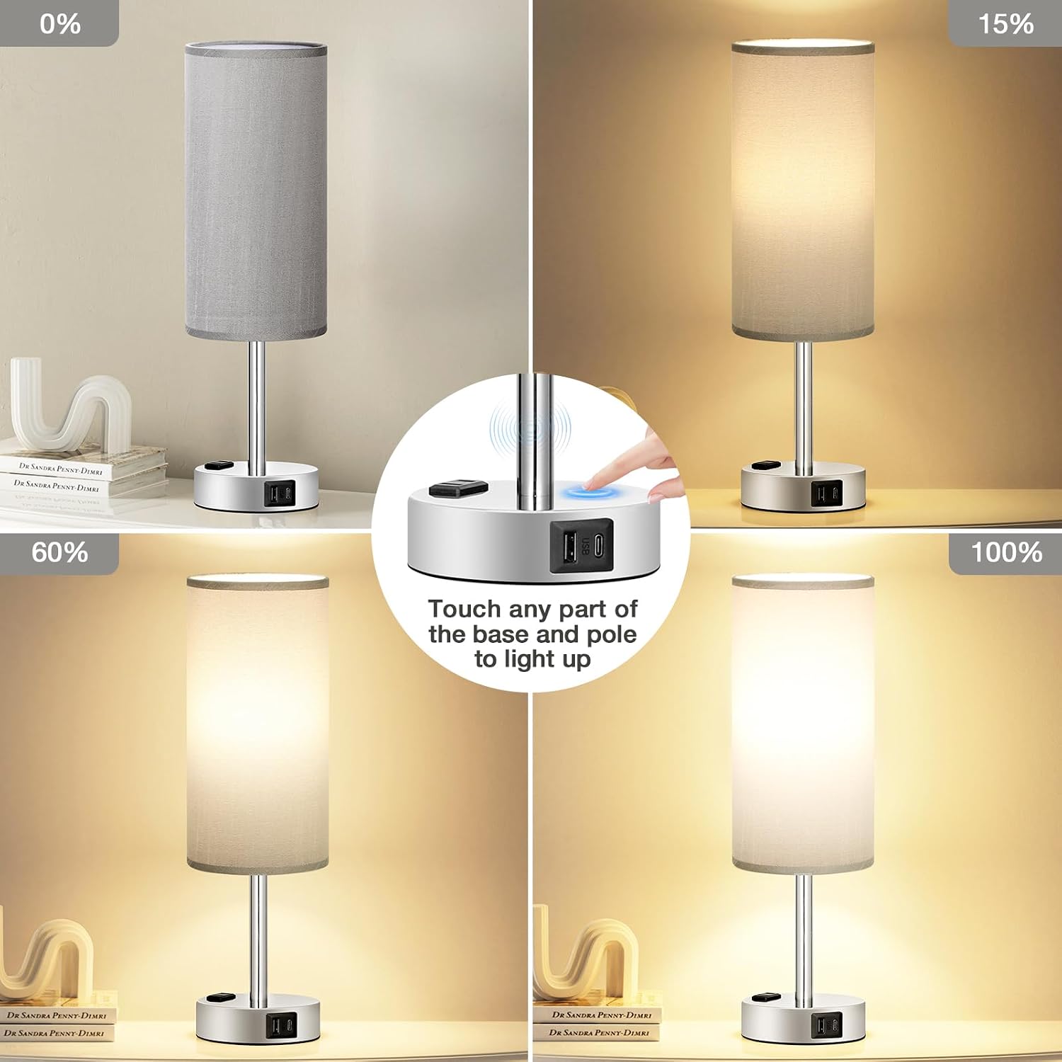 Fenmzee Grey Nightstand Table Lamp for Bedroom - 3 Way Dimmable Bedside Lamp USB C A Charging Ports and AC Outlet, Small Table Lamp…