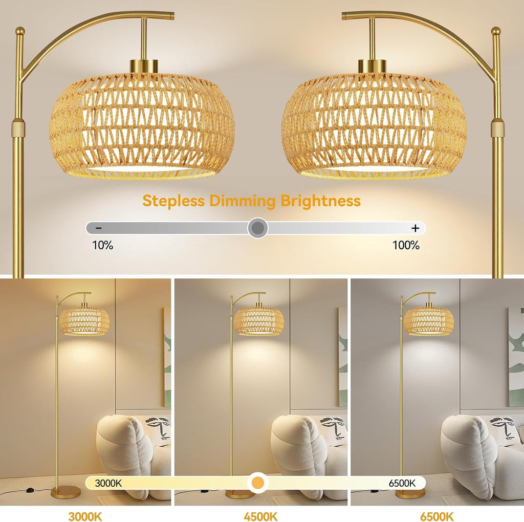 ZECOXOL Gold Floor Lamps for Living Room Rattan Boho Floor Lamp with Remote Control & 3 Color Temperature, Dimmable Arc Floor Lamps Brass…