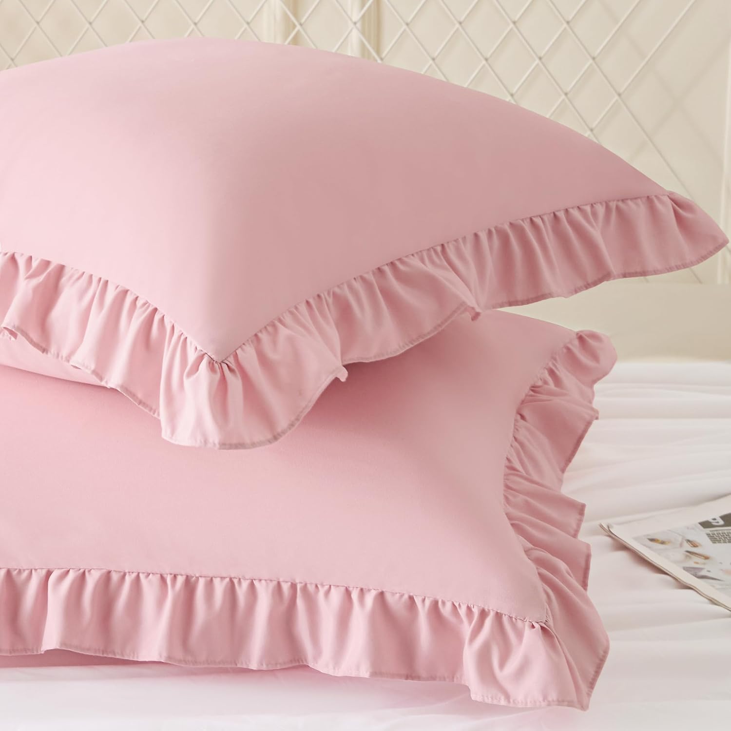 KKJIAF Ruffle Pillow Cases 26x26 Inches, Light Pink Square Ruffled Pillow Covers Set of 2, Microfiber Wrinkle Resistant Pillow Shams with…