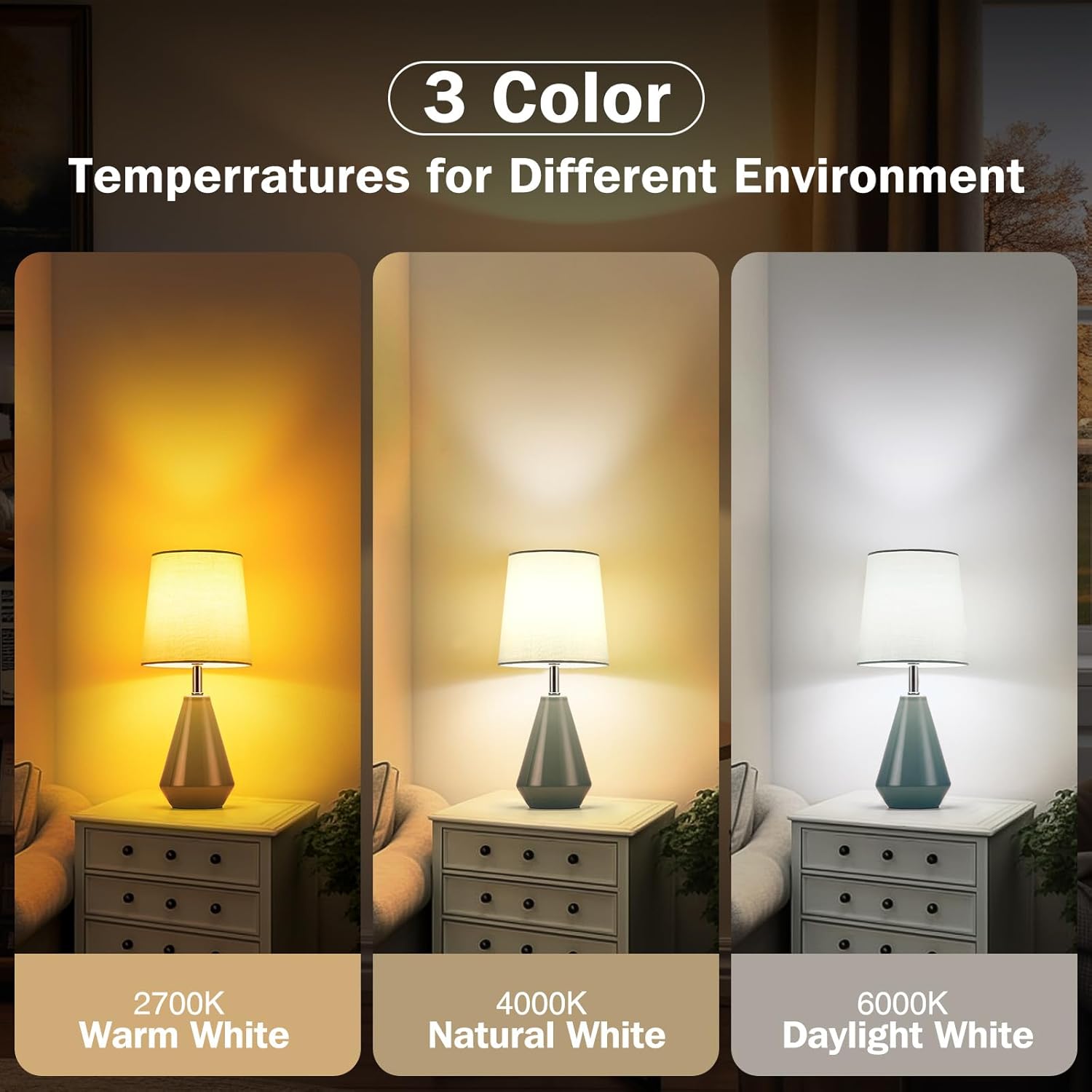 Small Bedside Table Lamp for Bedroom-Reading Desk Lamp Set of 2, with 3 Color Temperatures,15.5" Nightstand Ceramic Lamp with Fabric Shade…