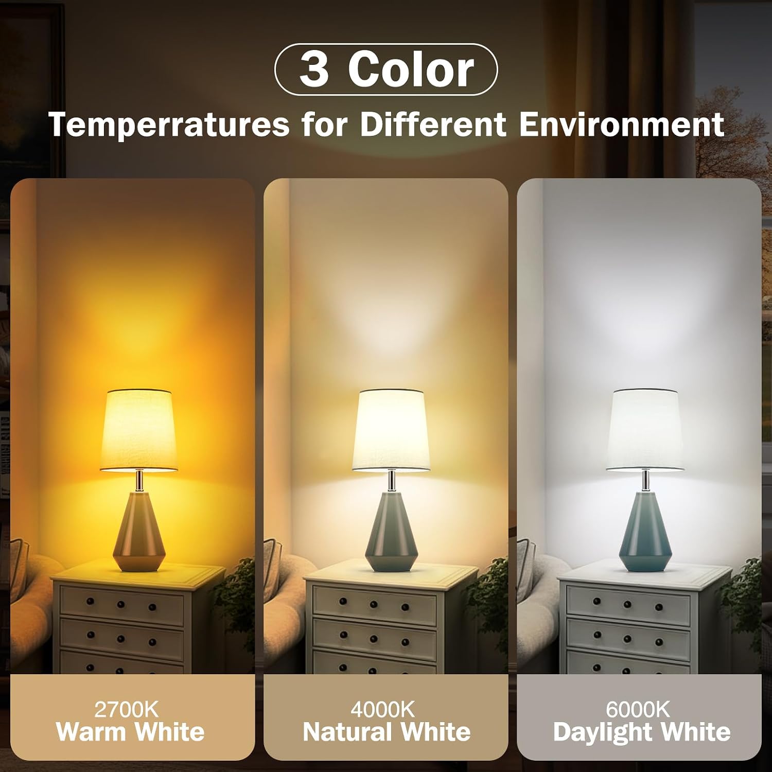 Small Bedside Table Lamp for Bedroom - Reading Desk Lamp with 3 Color Temperatures,15.5" Nightstand Ceramic Lamp with Fabric Shade for…