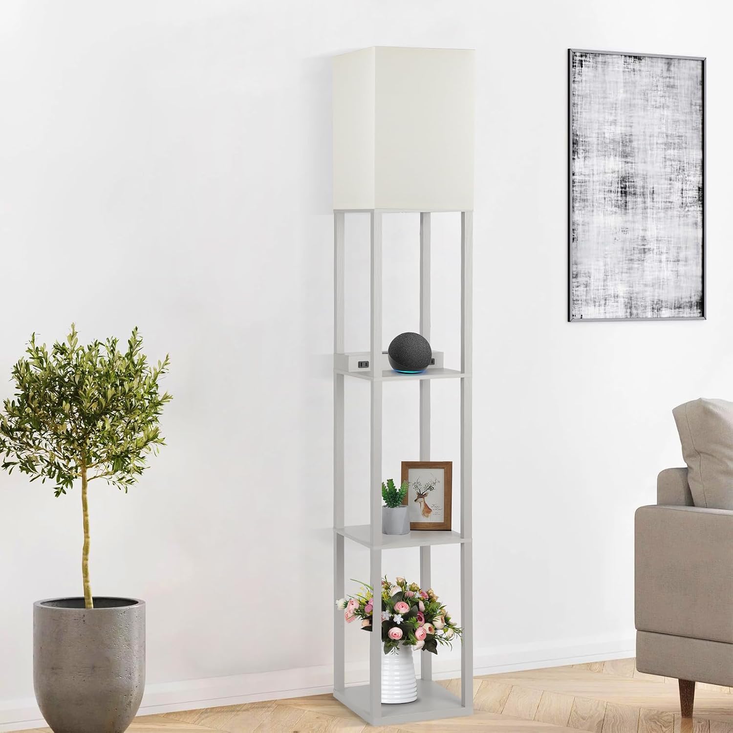 Mlambert Modern Shelf Floor Lamp with Wireless Charger & Fast Charging USB Ports & Type C Port & 2 Power Outlets,3 Tier Storage Lamp for…