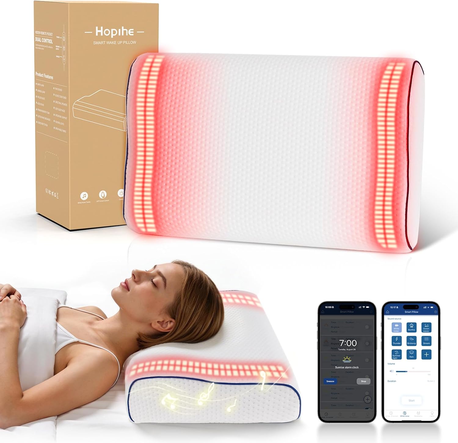 Hopihe Sunrise Pillow, Sound Machine for Sleep with Bluetooth Speaker & Sunset Simulation, Smart Pillow with Wake Up Light, Sunset Lamp, Wh…