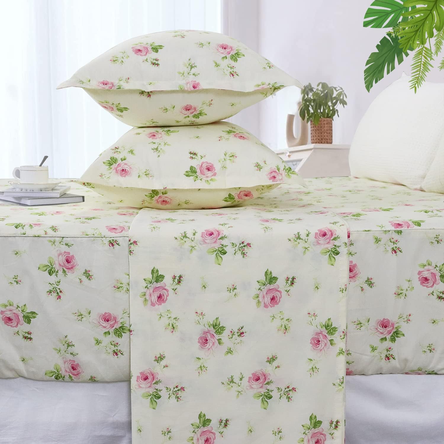 FADFAY Floral Sheets Full 100% Cotton Pink Rose Bed Shees Shabby & Chic Bedding Light Yellow Rosette Print Breathable Soft Luxury Deep…