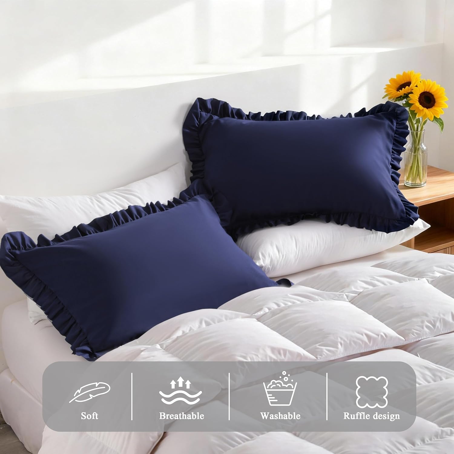 Aerlomi Ruffled Pillowcases, King Pillow Shams 20x36 Set of 2, Brushed Microfiber with Envelope Closure, Soft Wrinkle-Resistant, Nav…