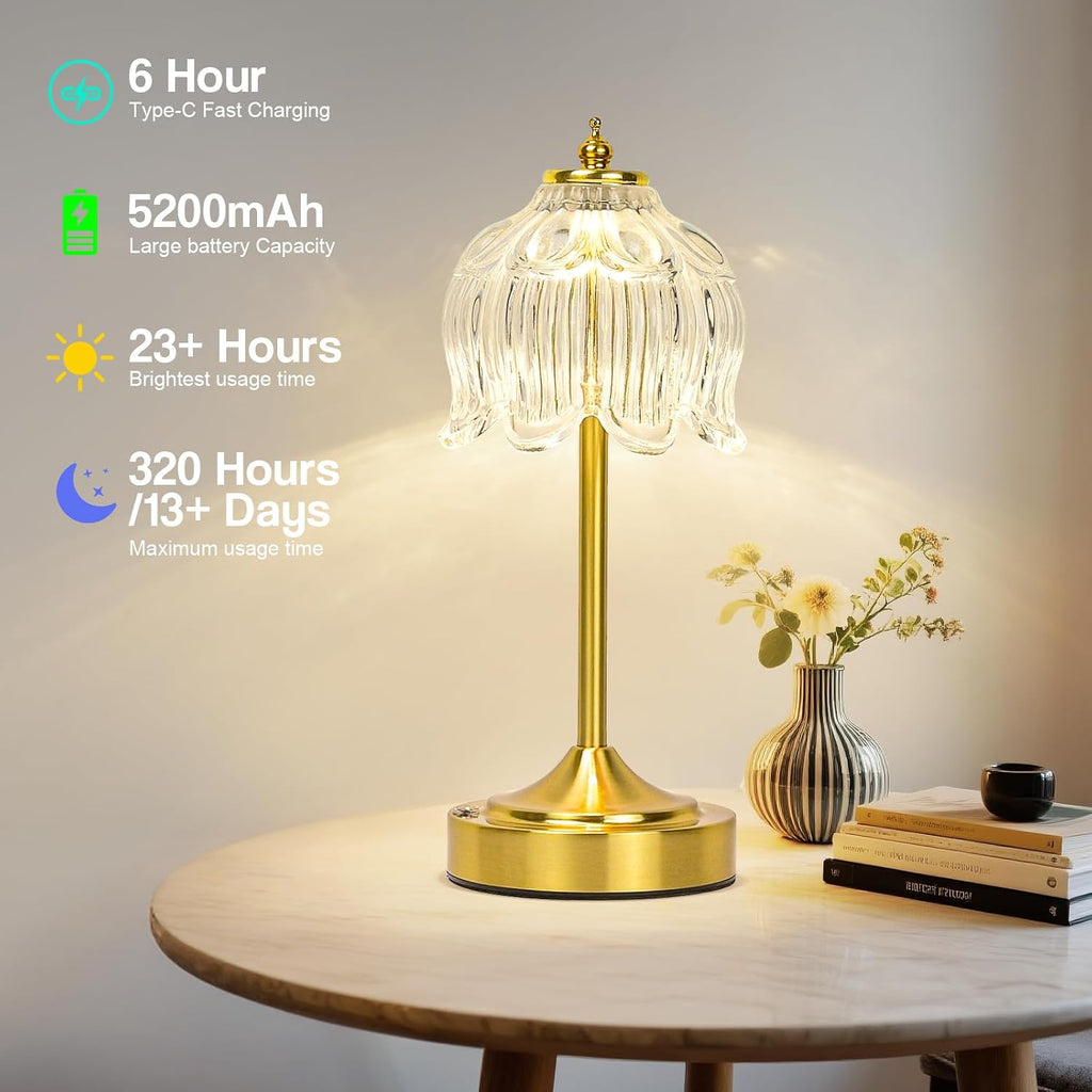 Cordless Lotus Flower Table Lamp, 5200mAh Rechargeable Battery Operated Portable Lamp, 3-Color Dimmable Touch Control Small Desk Lamp for…