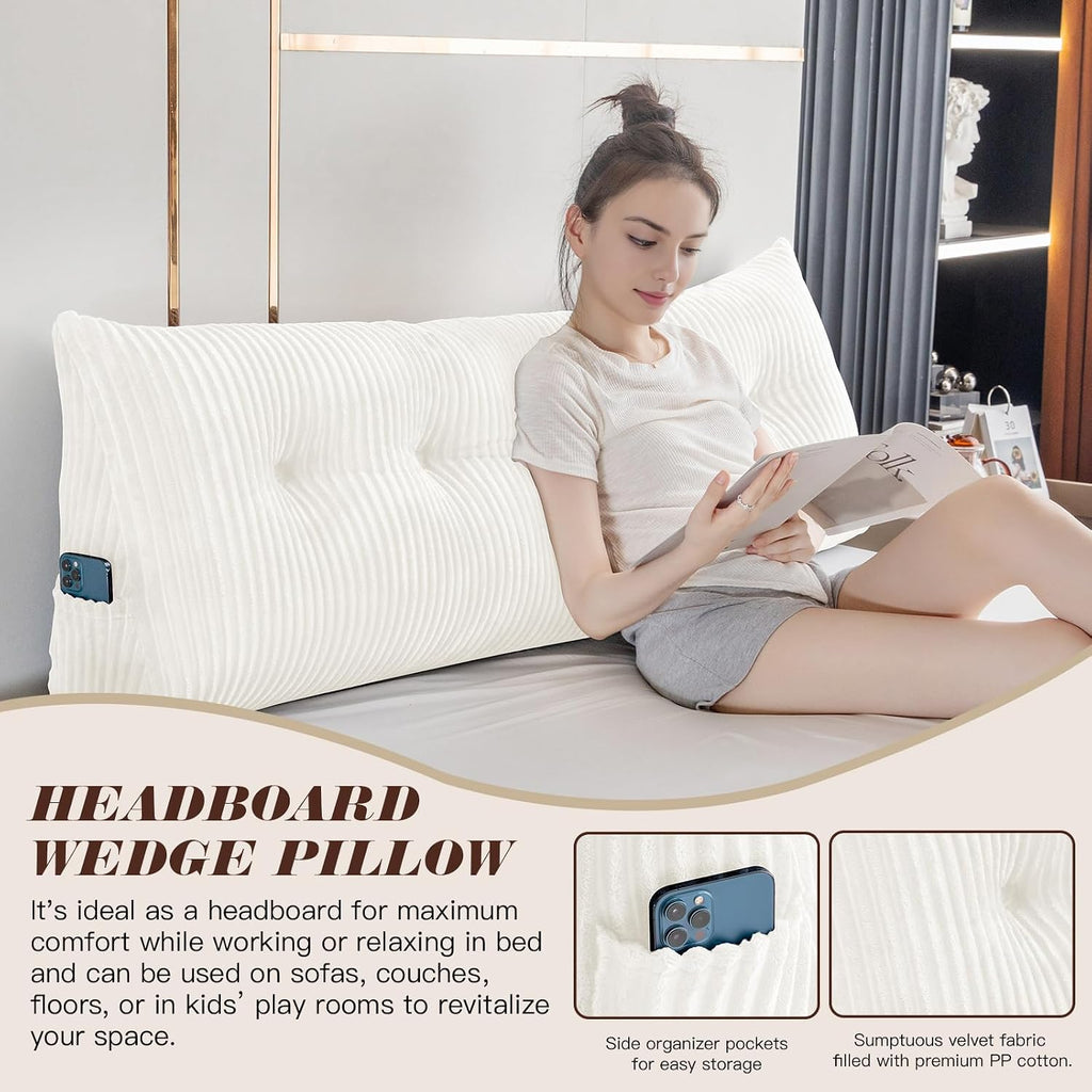 Large Triangular Headboard Wedge Bed Rest Reading Pillow Backrest Positioning Support Bolster Cushion with Removable Cover (White, King…
