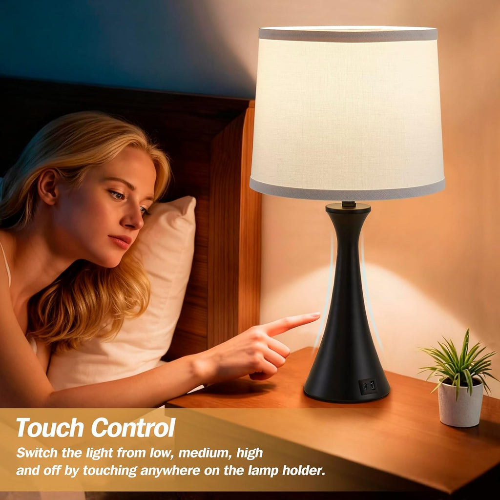Touch Lamp for Living Room Bedroom, 21" Table Lamps Set of 2 with USB C+A Ports and White Lamp Shades, Touch Bedside Lamps for Nightstand…