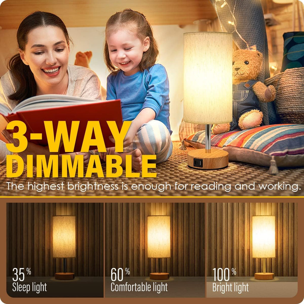 Yarra-Decor Bedside Lamp with USB A+C Port - Touch Control Table Lamp for Bedroom Wood 3 Way Dimmable Nightstand Lamp with Round Flaxen…