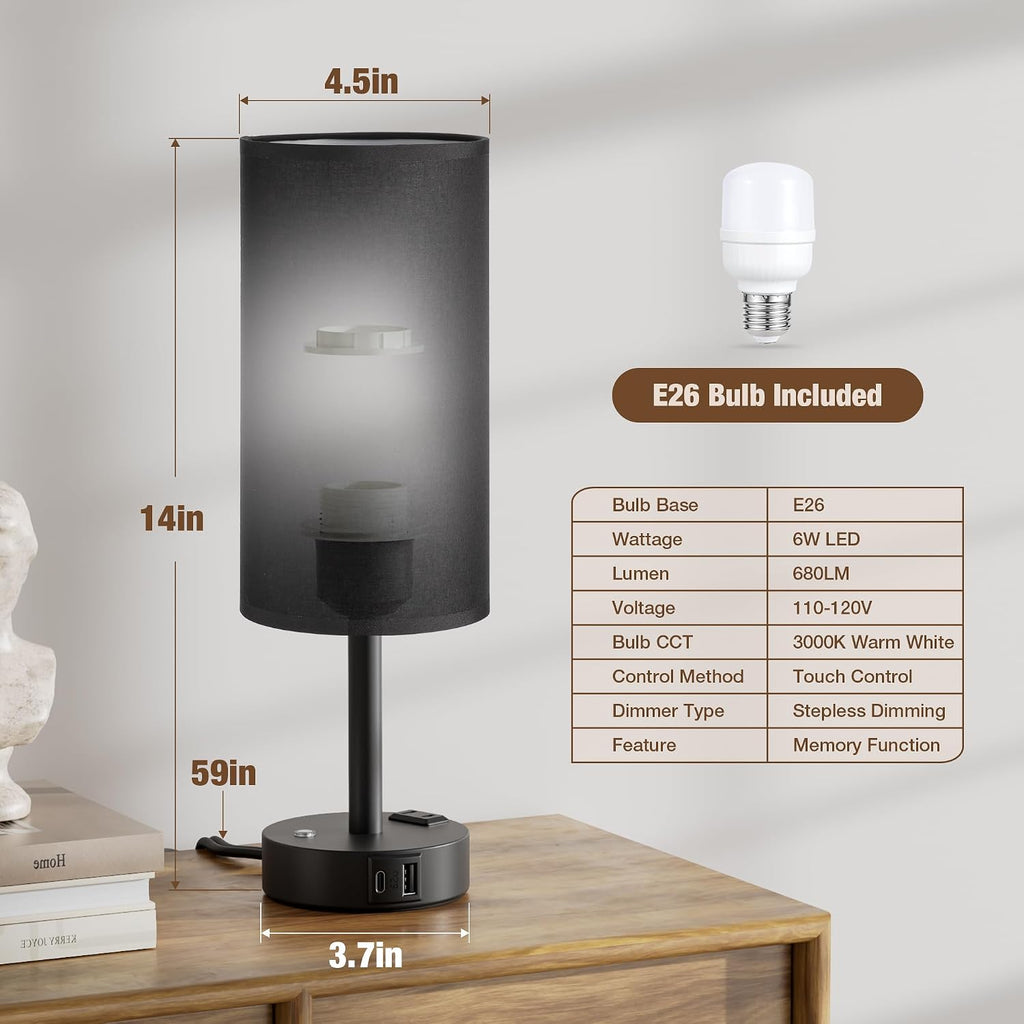 Aooshine Touch Bedside Table Lamp with Memory - Stepless Dimmable Lamp for Bedroom, Small Nightstand Lamp with Dual USB Charging Ports and…