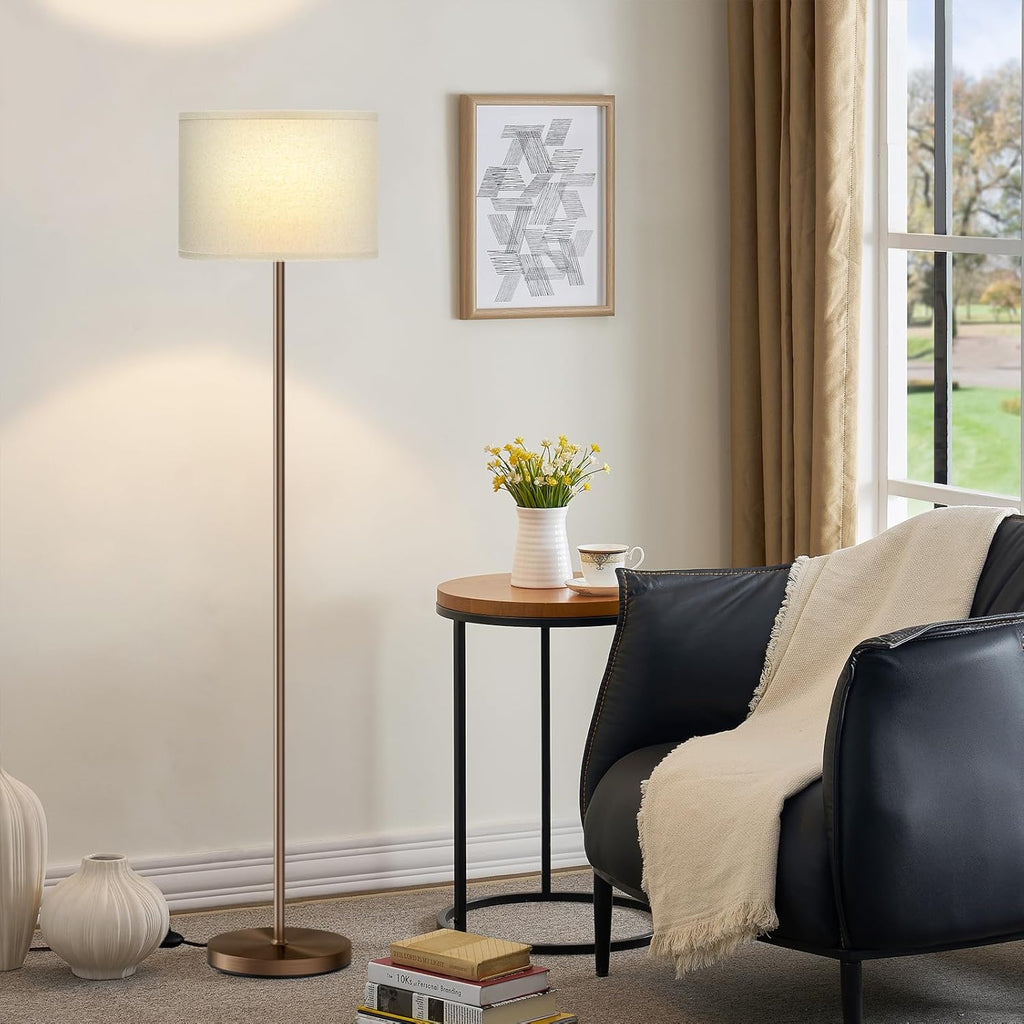 Ambimall 60'' Modern Floor Lamp with Shade, Tall Lamps for Living Room, Bedroom, Office, Dining Room, Beige Shade with Brown Pole(Without B…