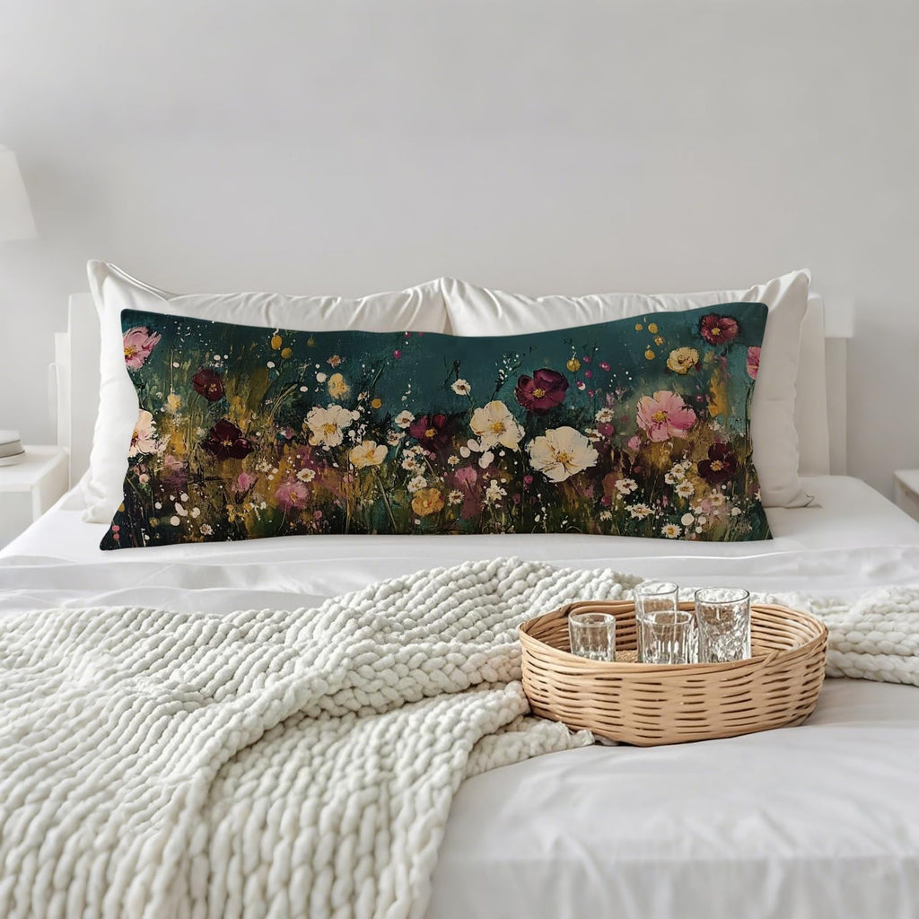 Abstract Retro Wildflowers 20x54 Body Pillow Cover, Floral Room Decor, Botanical Decor, Vintage Dark Cottagecore Flower Aesthetic…