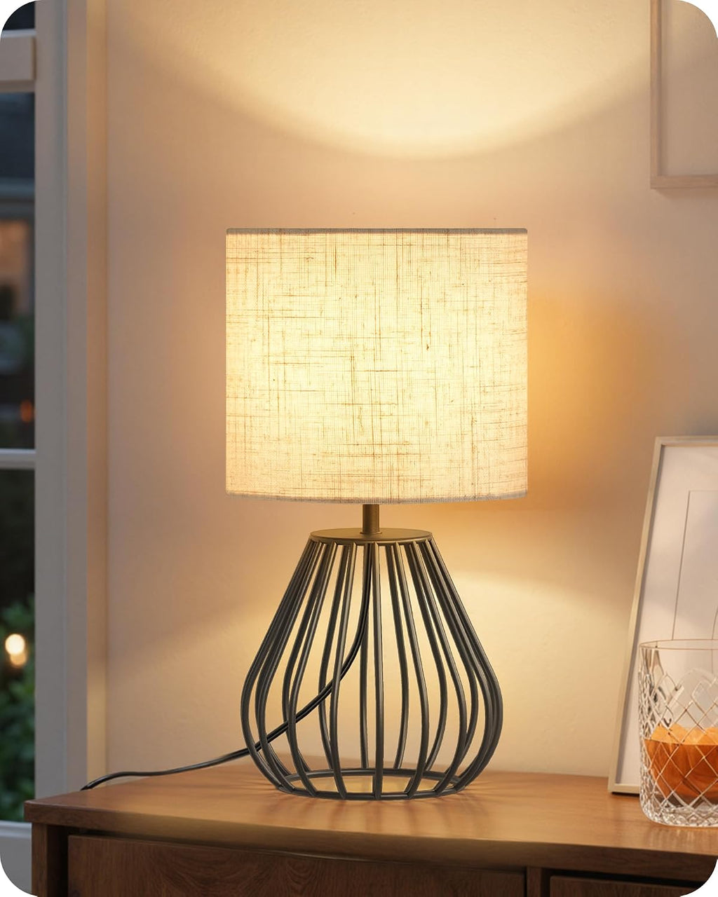Small Bedside Table Lamp, Black Table Lamp with Metal Cage & Linen Lampshade, Modern Cute Desk Lamp, Cozy Nightstand Lamp for Bedroom…