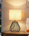 Small Bedside Table Lamp, Black Table Lamp with Metal Cage & Linen Lampshade, Modern Cute Desk Lamp, Cozy Nightstand Lamp for Bedroom…