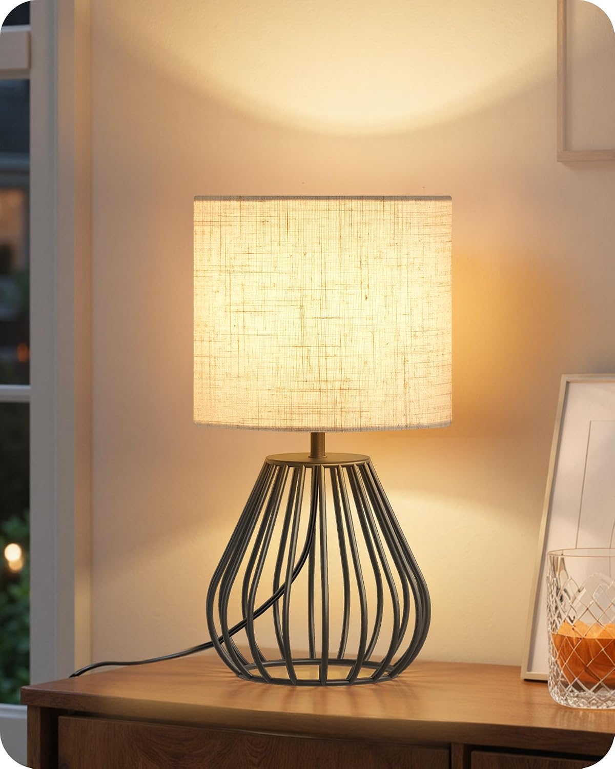Small Bedside Table Lamp, Black Table Lamp with Metal Cage & Linen Lampshade, Modern Cute Desk Lamp, Cozy Nightstand Lamp for Bedroom…