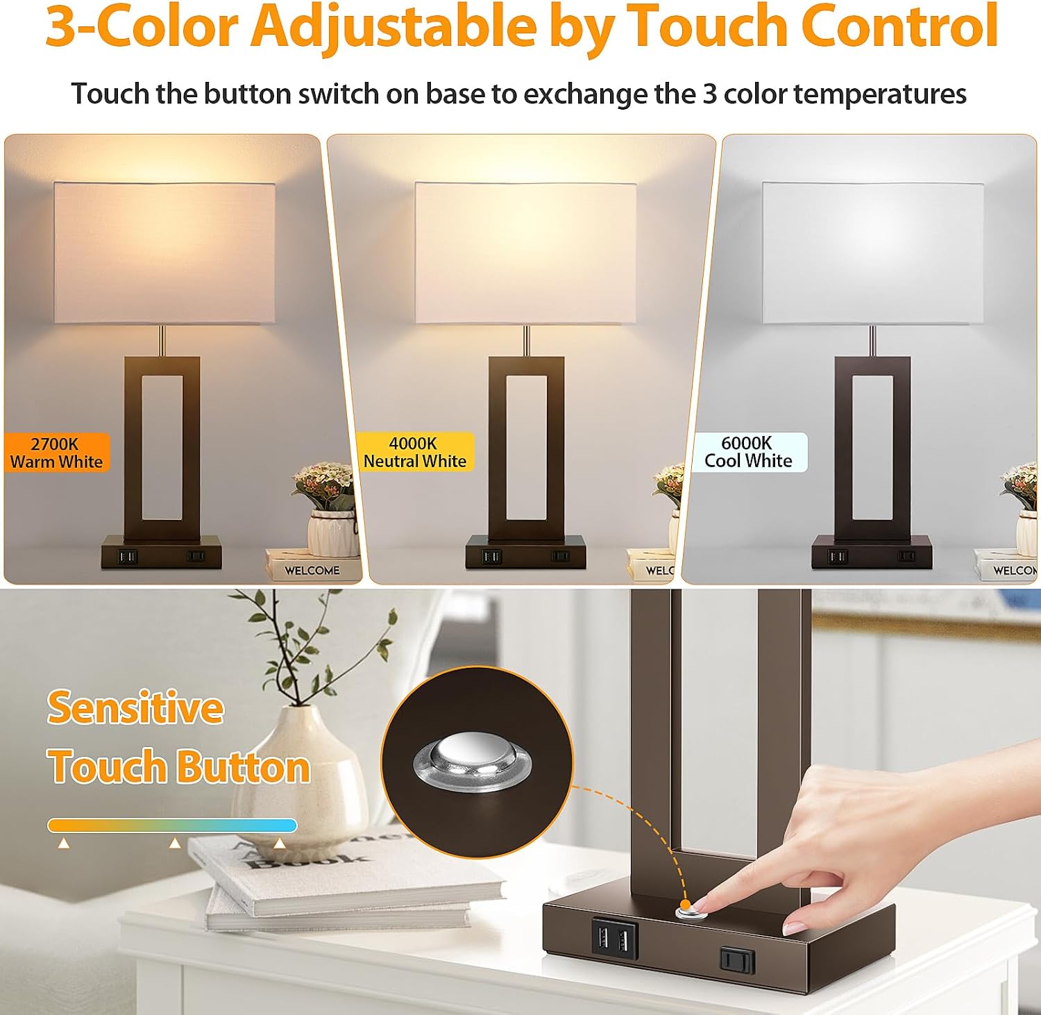 3 Color Temperatures Brown Table Lamps for Bedrooms Set of 2, 22’’ Touch Control Bedside Nightstand Lamps with 2 USB Ports & AC Outlet…