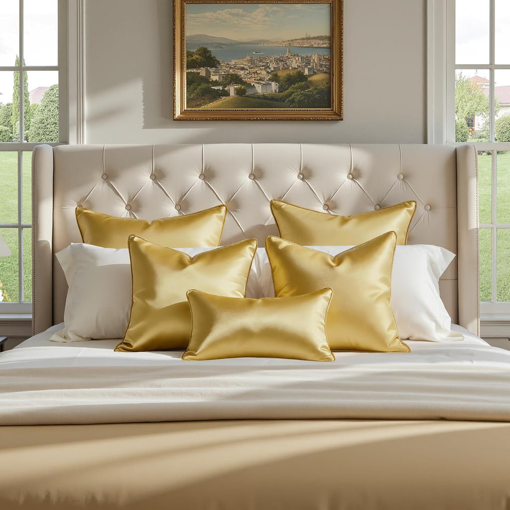 Homeideas Gold Decorative Throw Pillow Covers 20x12 Set of 2, Glossy Faux Silk Lumbar Pillow Covers for Couch Sofa Bed Decor Luxury Summer…