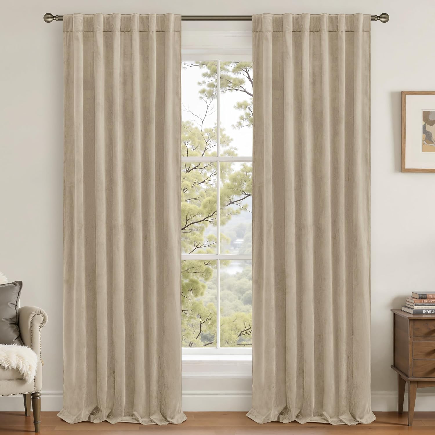Lamit Taupe Velvet Curtains 120 Inch for Living Room, Thick Thermal Insulated Room Darkening Drapes Super Soft Elegant Back Tab and Rod Poc…