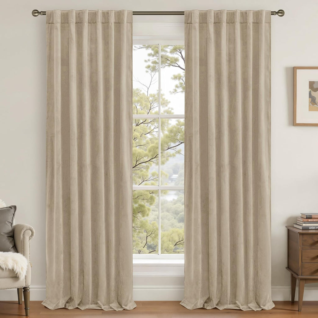 Lamit Taupe Velvet Curtains for Living Room, 102 Inch Room Darkening Panels Thermal Insulated Back Tab and Rod Pocket Drapes for Bedroom/Sl…