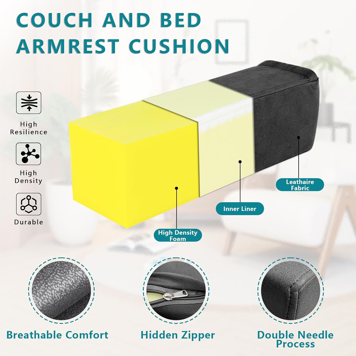 MMuteTouch 2 Pack Couch Arm Rest Pillow, 6''x6''x20'' Faux Leather Waterproof Cover, High Density Foam Armrest Cushion, Removable & Washabl…