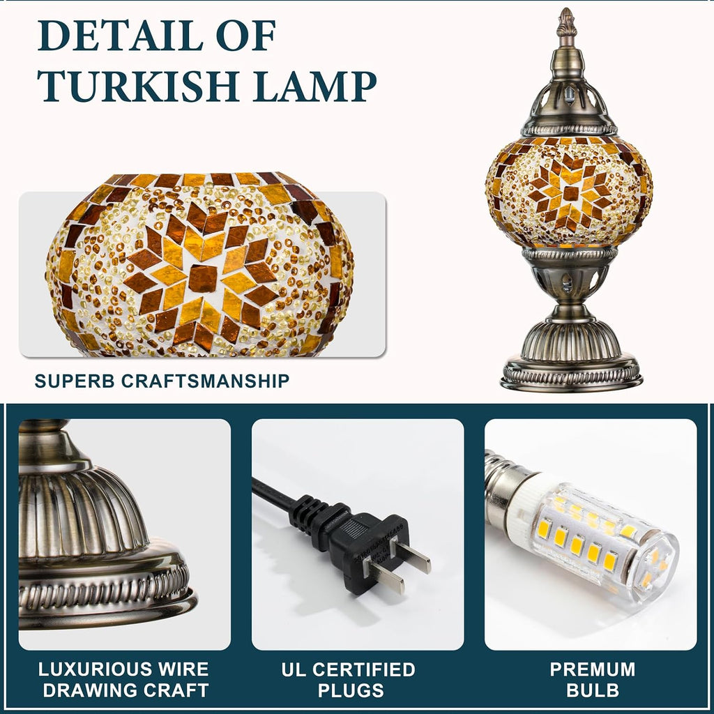 Marrakech Turkish Table Lamp with Bronze Base, Handmade Yellow Moroccan Tiffany Style Mosaic Glass Night Stand Light Fixture Including LED…