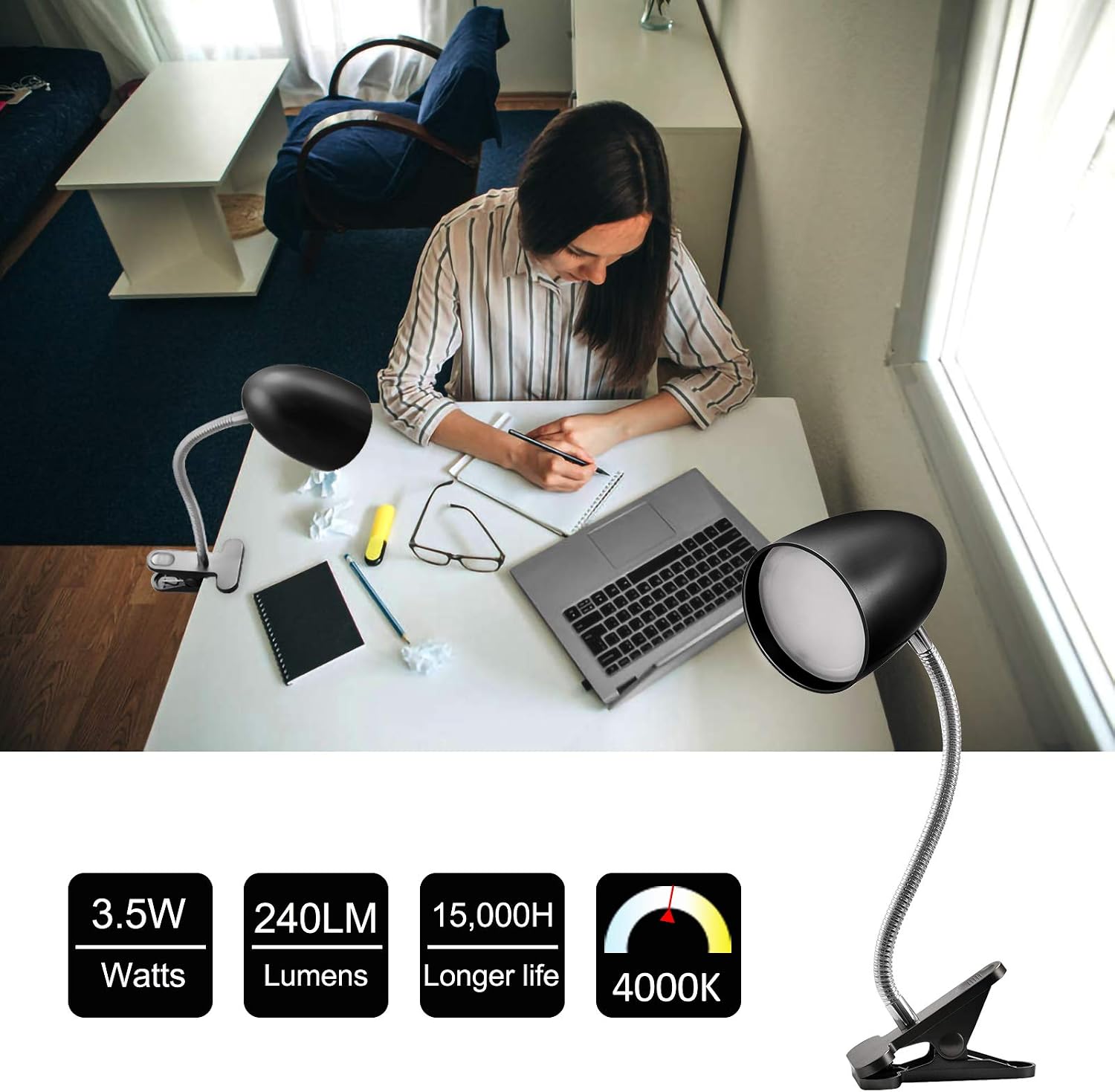 Eenergeticlighting E ENERGETIC LIGHTING Clip on Light for Bed, Non-Dimmable Clip on Reading Light for Bed, 4000K Cool White, 3.5W 240 LM De…