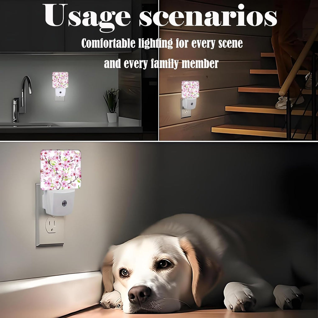 Spring Flowers Blossom Night Light, Plug Into Wall for Boys Girls Bedroom Decorative Square Night Light Lamp 0.5w Sleep Friendly