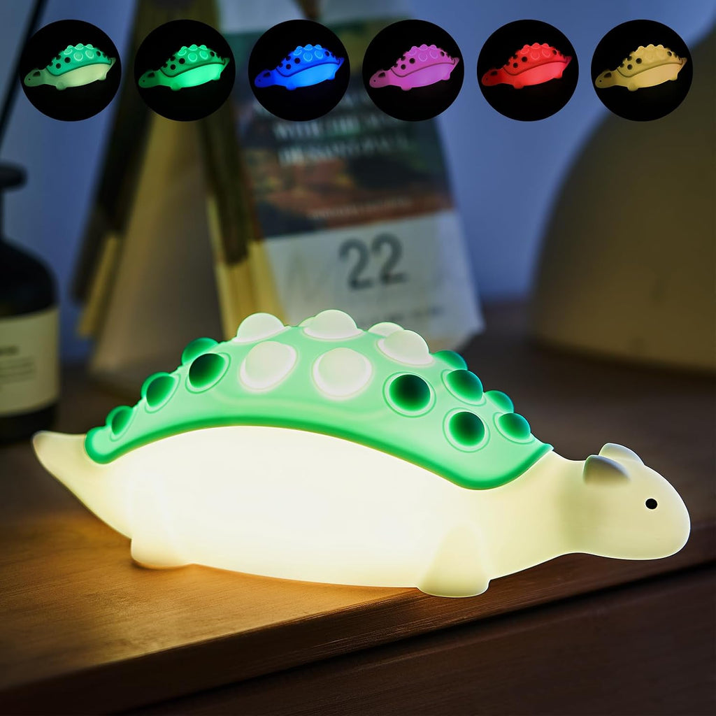 Dinosaur Kids Night Light, Silicone Nursery Dino Lamp with Pop Bubble,7 Nightlight Modes Rechargeable Bedside Touch, Baby Room Decor, Cute…
