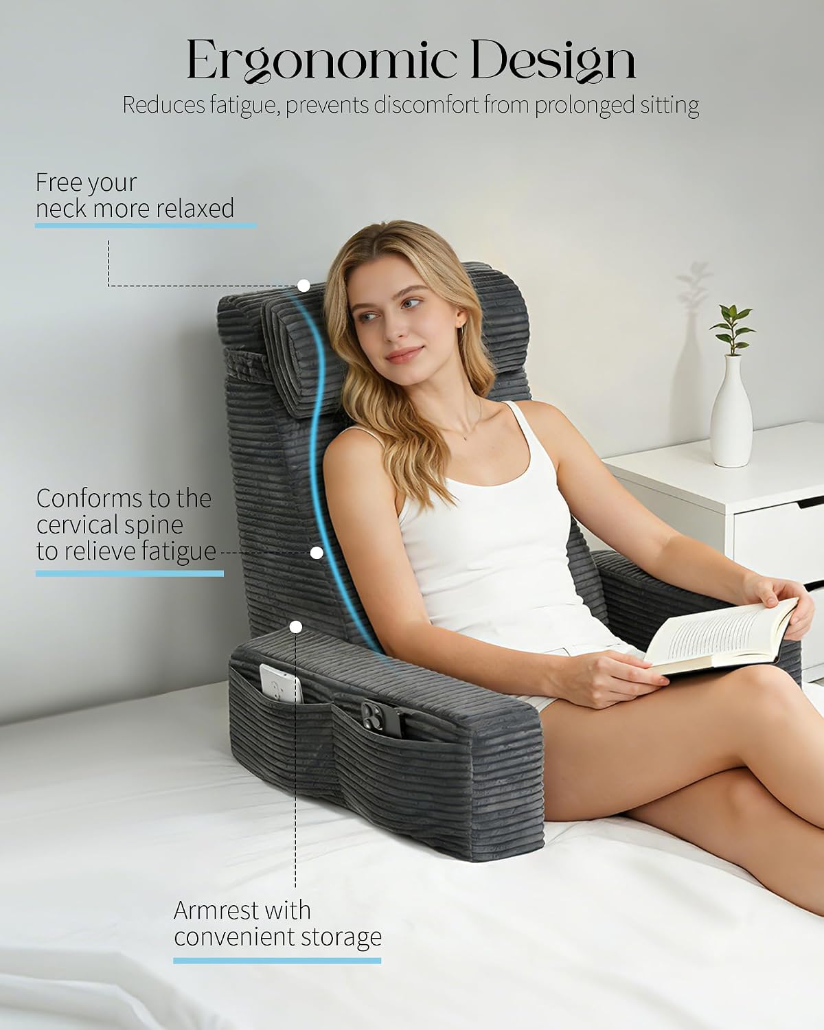 Seniny Reading Pillow for Bed Adult - 22" Back Support Pillow for Sitting Up Rest, Husband Bed Chair and Backrest Pillow with Arms, Lounge…