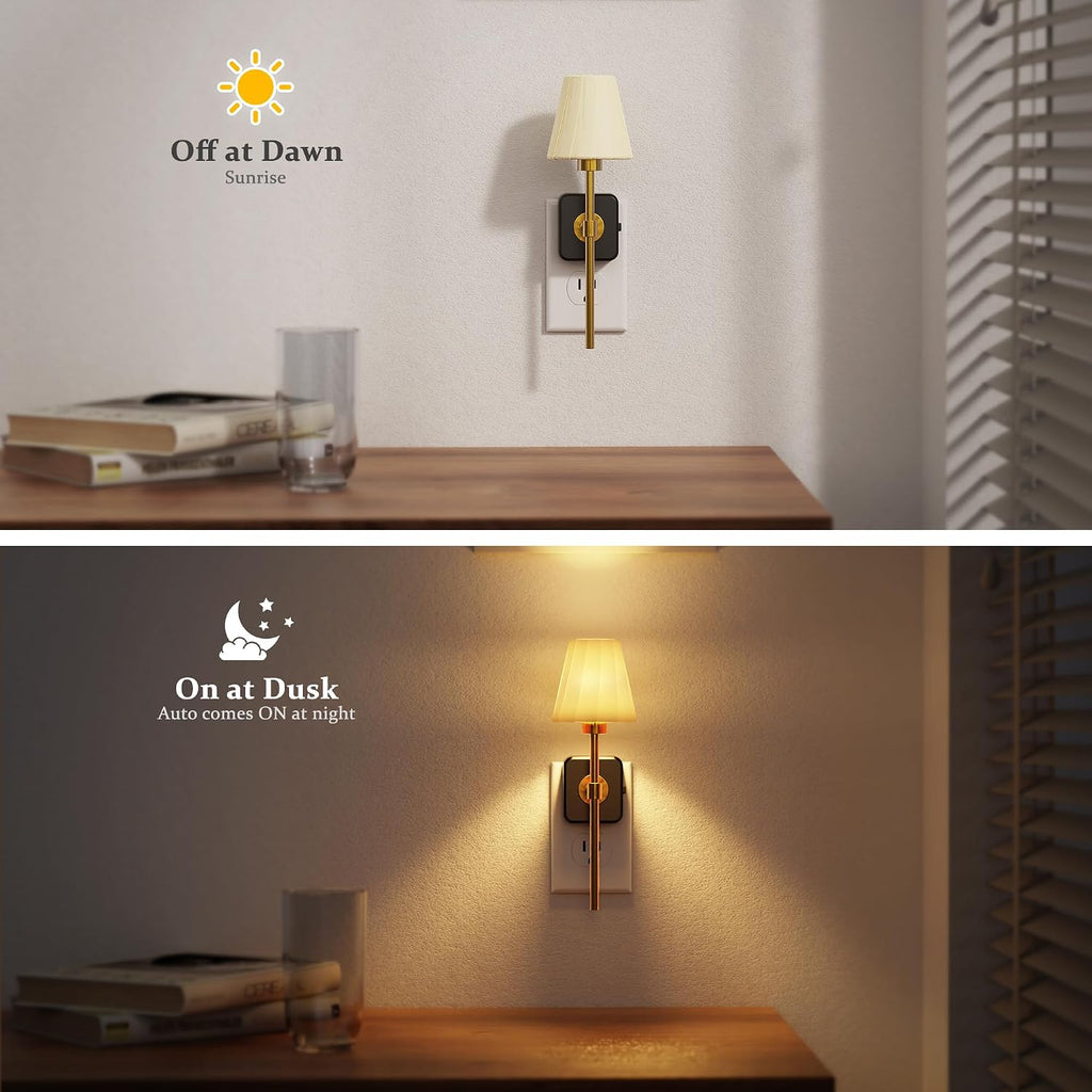 JandCase Night Lights Plug into Wall, 2 Pack Vintage Nightlights, Dusk to Dawn Sensor, 0-100LM Dimmable, Pleated Fabric Beige Lamp for…