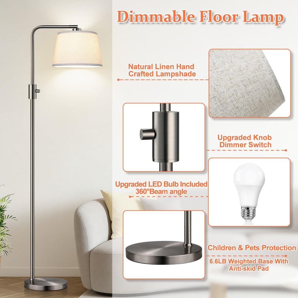 Nintiue 【Upgraded】 Dimmable Floor Lamp, 1000 Lumens LED Edison Bulb Included, Brushed Nickel Arc Floor Lamps for Living Room Modern…