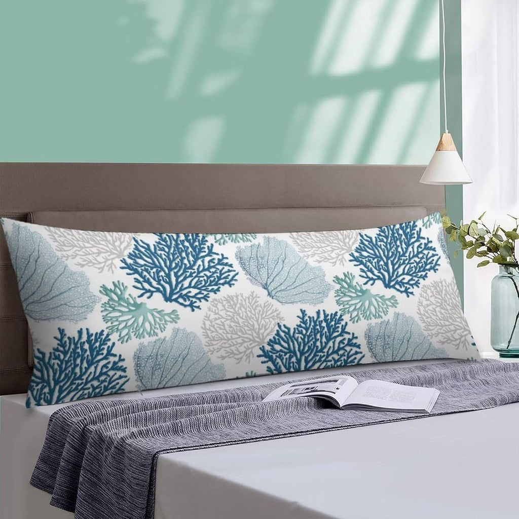 Body Pillow Cover Nautical Blue Coral Body Pillowcase Coastal Teal Beige Coral Decorative Rectangle Long Ocean Theme Cushion Covers for…