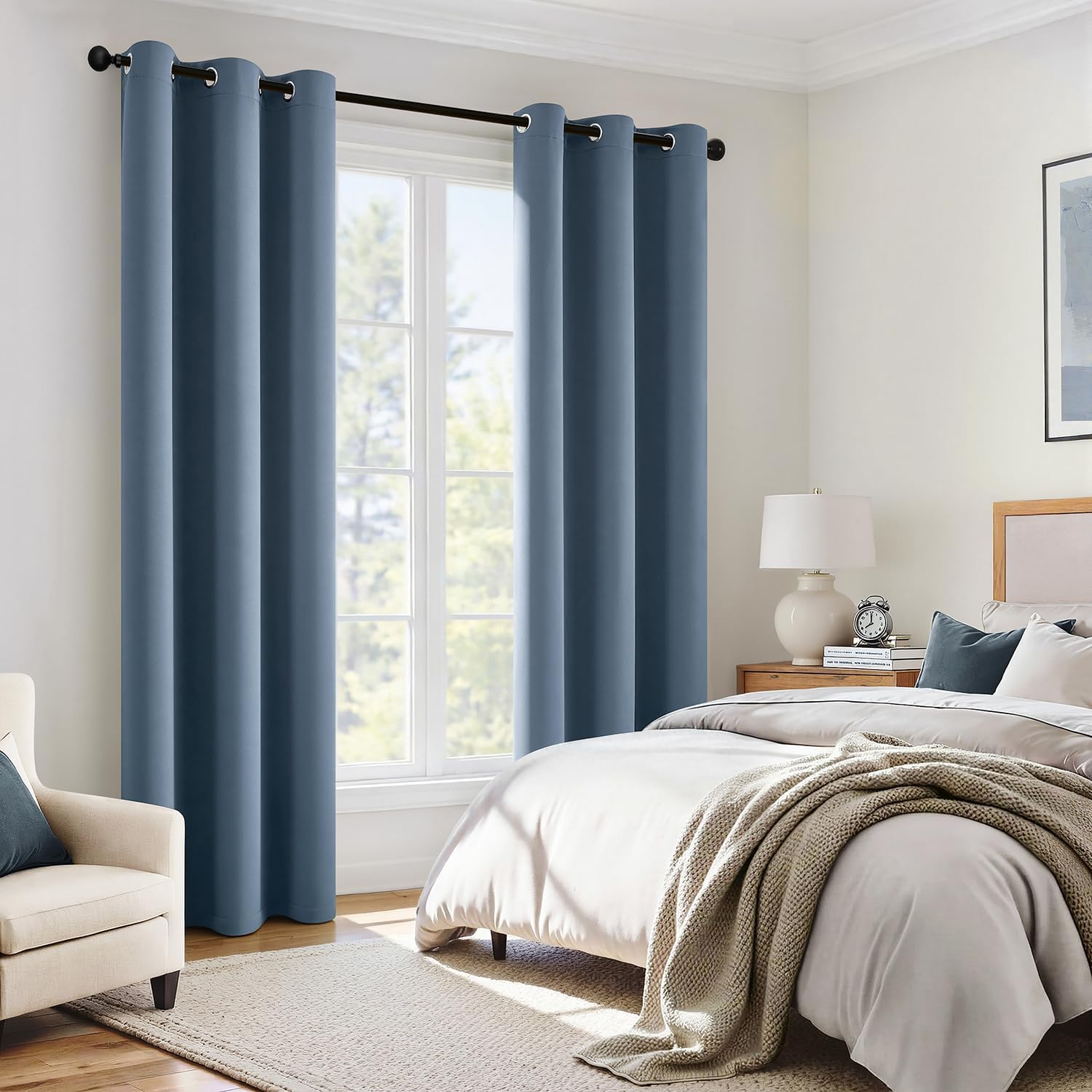 Miulee Stone Blue 100% Blackout Curtains for Bedroom 96 Inch Long, 2 Layers Thermal Insulated Black Out Window Curtains with Black Liner, G…