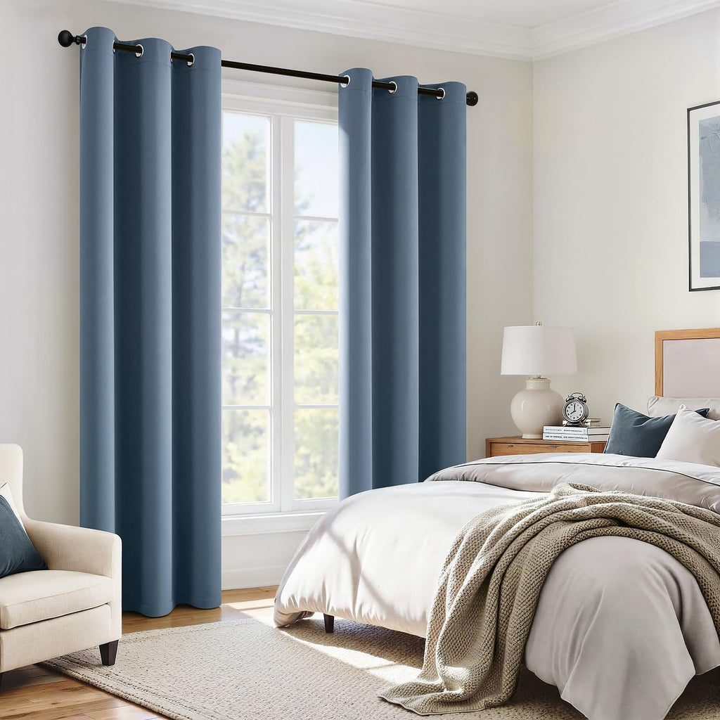 Miulee Stone Blue 100% Blackout Curtains for Bedroom 72 Inch Long, 2 Thick Layers Thermal Insulated Black Out Window Curtains with Black Li…