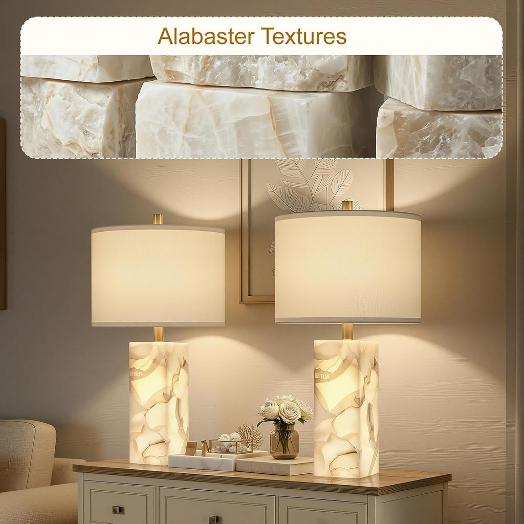 Scenekoy Alabaster Table Lamp Set of 2 with Night Light for Bedroom Living Room, 23" Rotary Switch Bedside Lamp with Linen Shade, Modern…