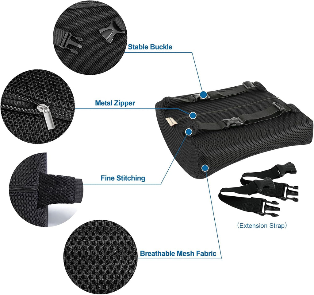 Lumbar Pillow for Chair and Car, Back Support for Office, Memory Foam Cushion with Mesh Cover - Black