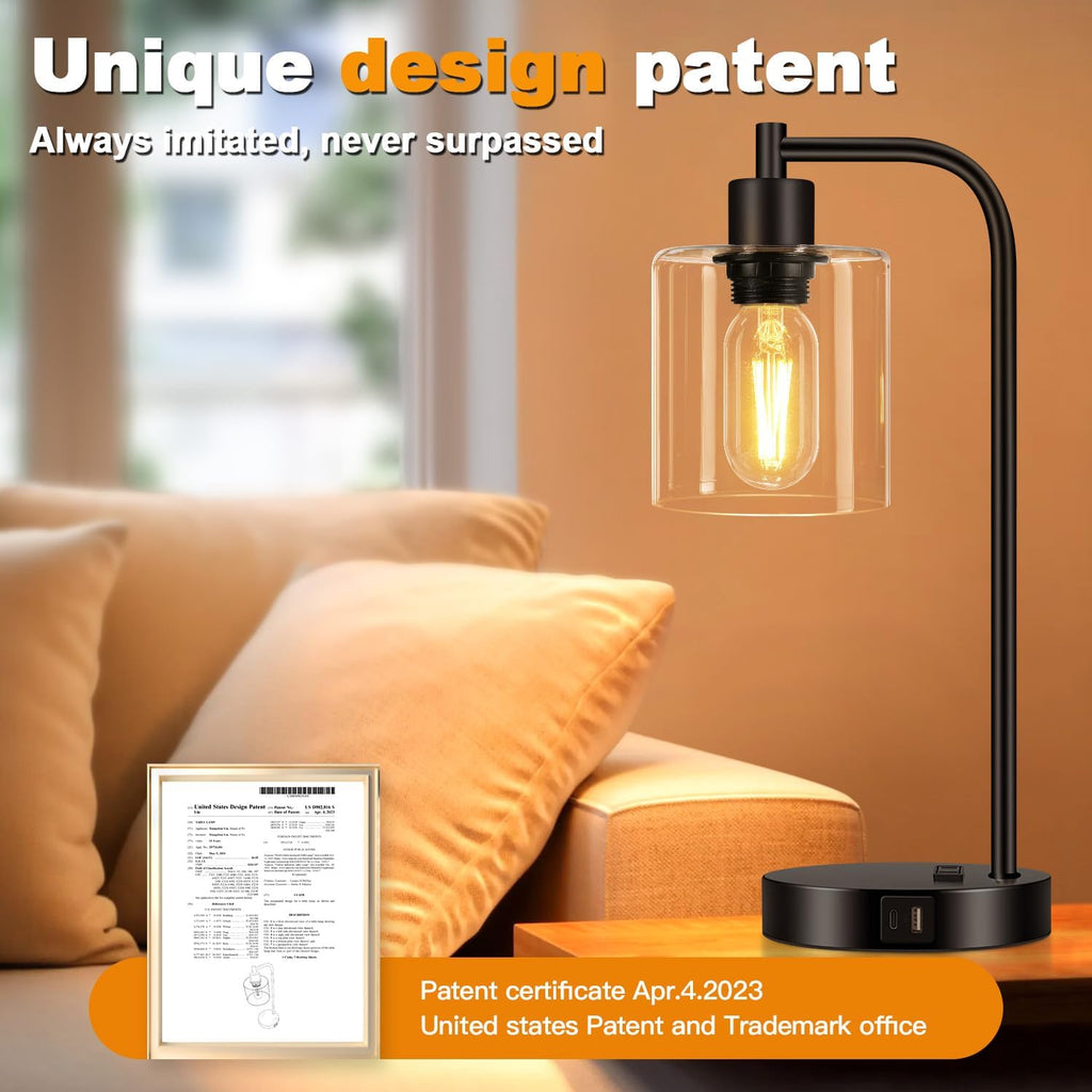 Set of 2 Industrial Touch Control Table Lamps with USB C+A Ports and AC Outlet - 3-Way Dimmable Black Bedside Lamps Nightstand Desk Lamps…