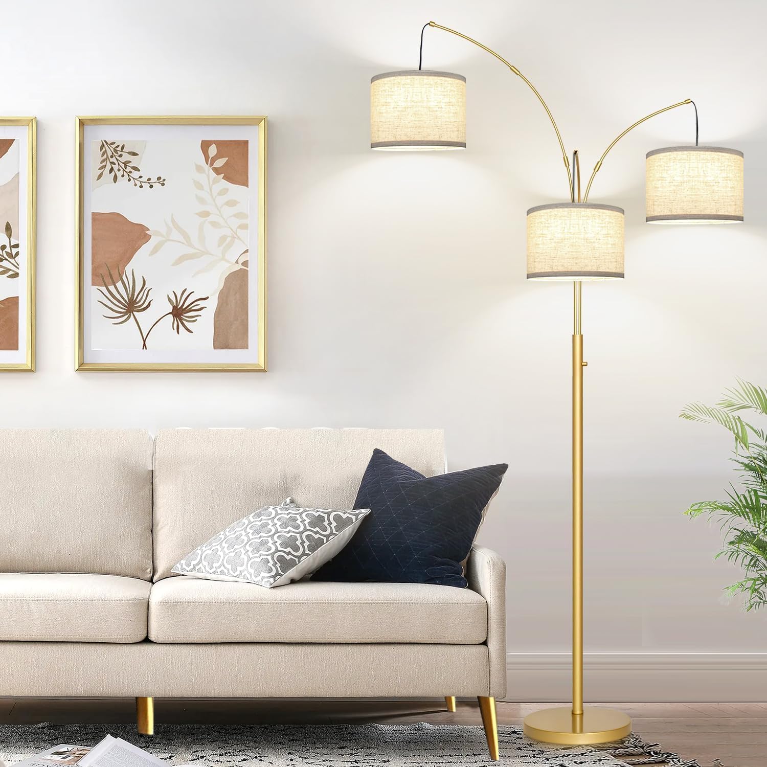Nintiue Dimmable Floor Lamp - 3 Lights Gold Arc Floor Lamps for Living Room, 1000LM Modern Tall Standing Lamp with White Shades, Mid…